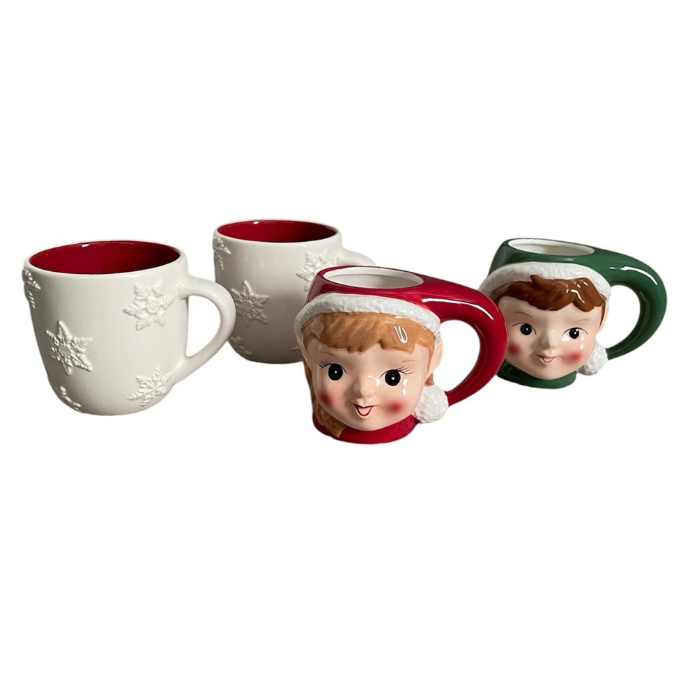 Pottery Barn Retired Christmas Mugs - Set of 4 - Snowflakes & Elves